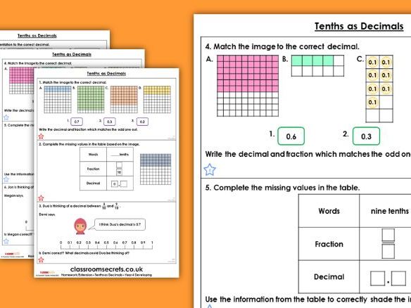 Tenths and hundredths year 4 worksheet picture