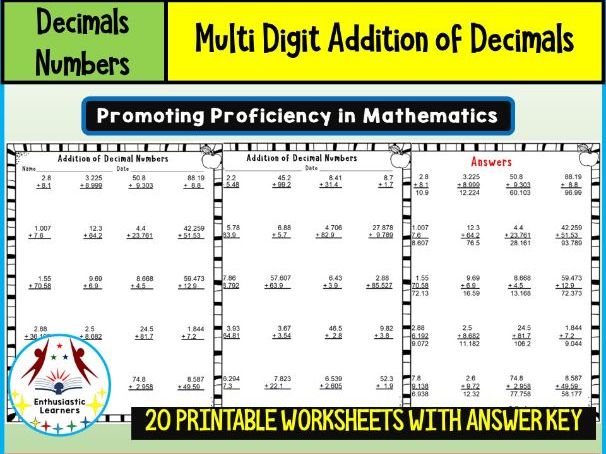 Multi-Digit Decimal Addition Worksheets Math Problems