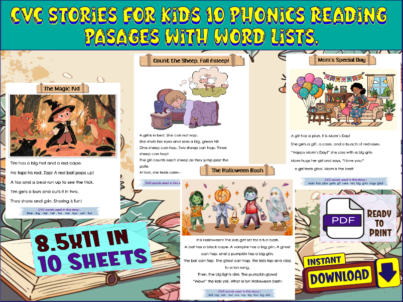 CVC Stories for Kids-10 Phonics Reading Passages with Word Lists.