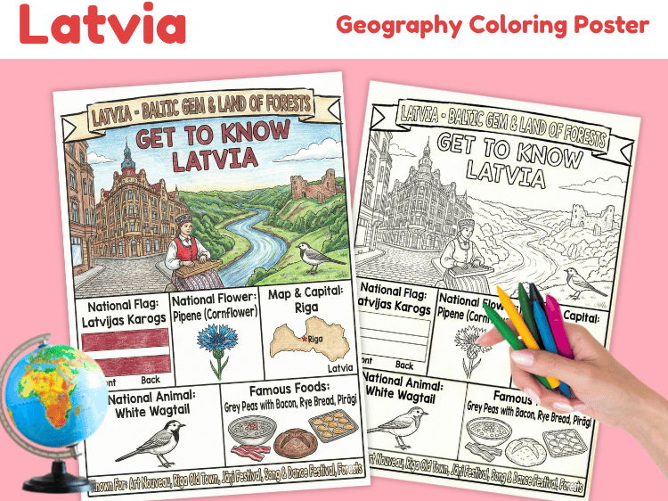 Geo Fact File Latvia Geography Coloring Poster | Country Facts & Map Activity ...