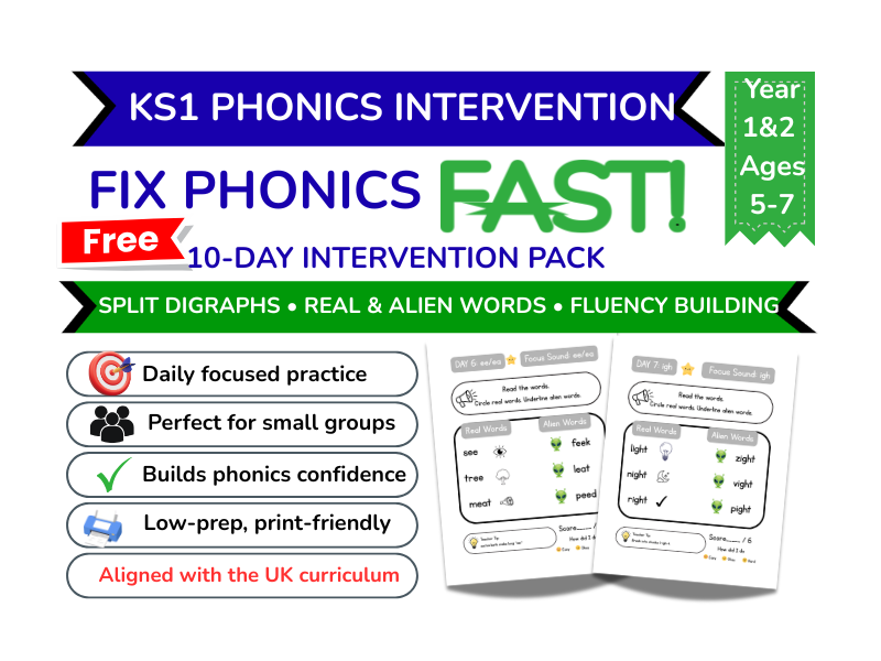 FREE KS1 Phonics Intervention Sample | Alien Words & Split Digraph Practice | Year 1 Phonics