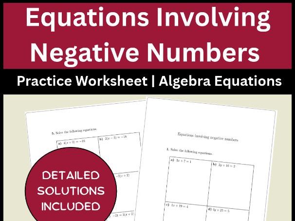 Equations Involving Negative Numbers Practice Worksheet | Algebra Equations
