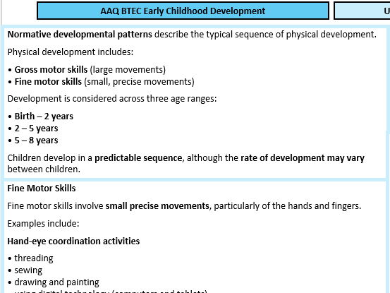 Unit 1 Learning Aim B Knowledge Organiser (AAQ BTEC Early Childhood Development)