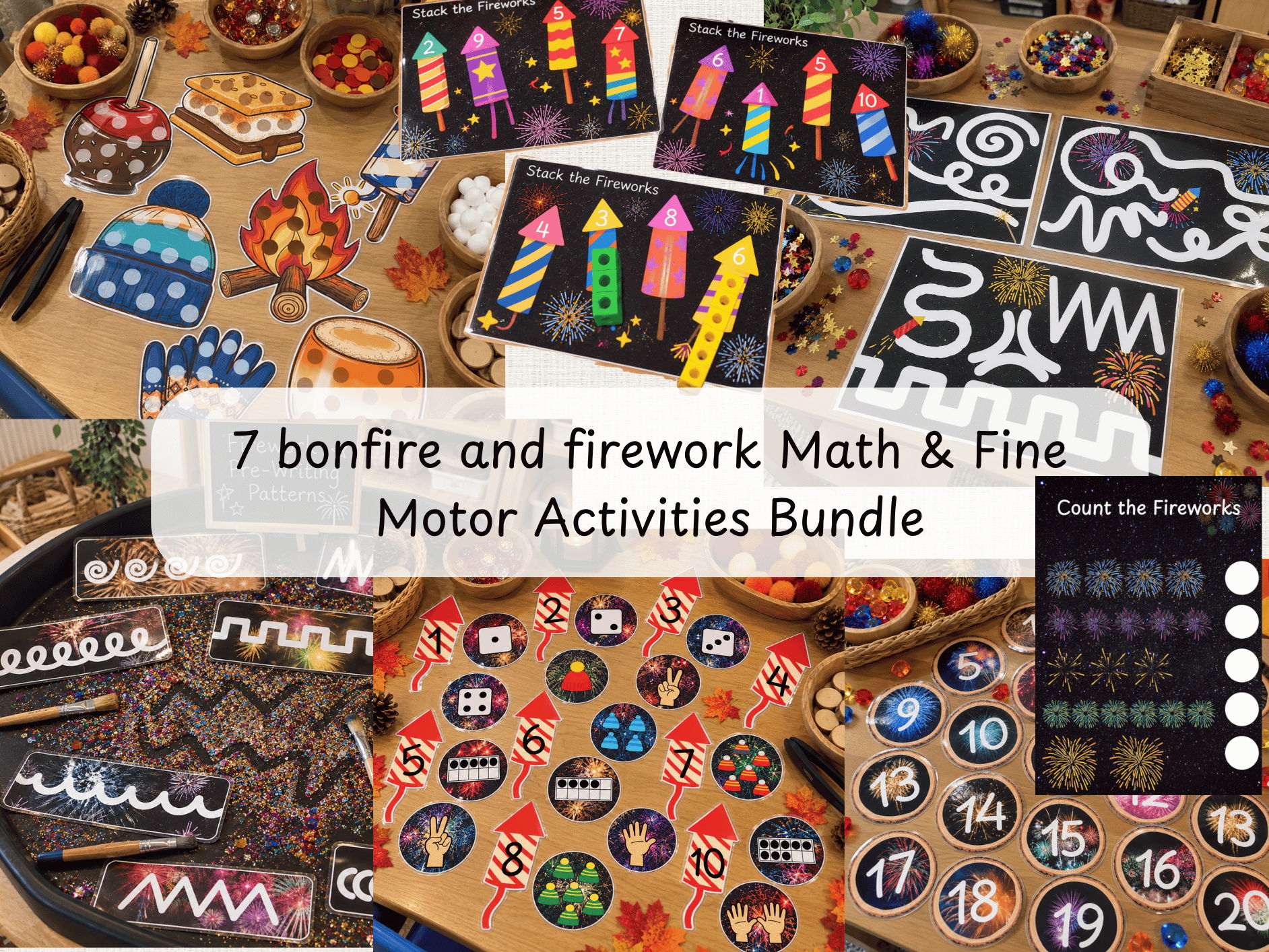 Bonfire Night Maths & Fine Motor Activity Bundle | EYFS Counting, Number Recognition & Pre-Writing