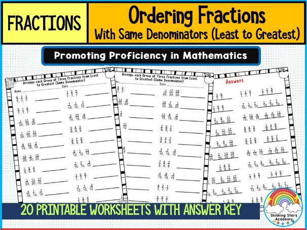 Ordering Fractions (Least to Greatest) with Same Denominators Worksheets | Printable Fractions Pract