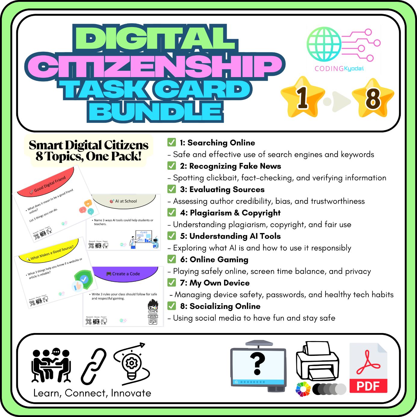 Digital Citizenship Quiz Bundle – Themes 1–8