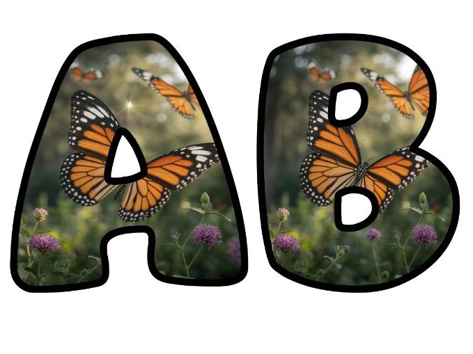 Butterflies Flying In Nature Art Themed Lettering Set | Classroom Display | Upper & Lowercase, 0-9