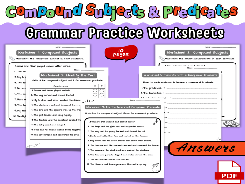 Compound Subjects and Predicates Worksheets Grammar sentence practice Activities