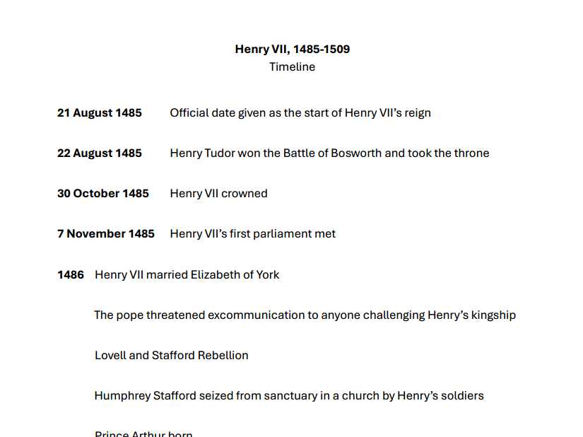 Timeline - Henry VII 1485-1509 (AQA A-level history Unit 1C)