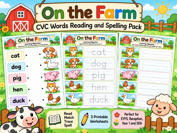 On the Farm CVC Words Reading & Spelling Pack