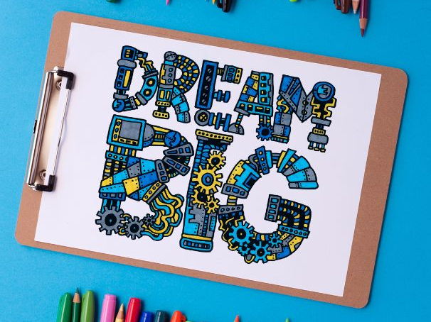 "Dream Big" Coloring Page for Kids and Adults | A4 Steampunk Mechanical PDF Coloring Page