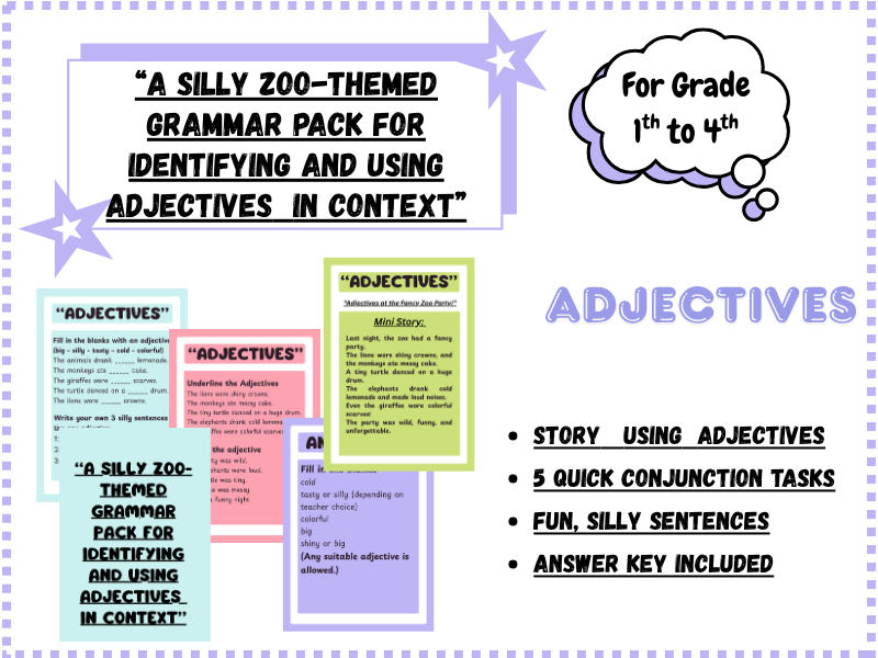 Zoo-Themed Adjectives Grammar Pack | Identify & Use Adjectives in Context | Worksheets + Answer Key