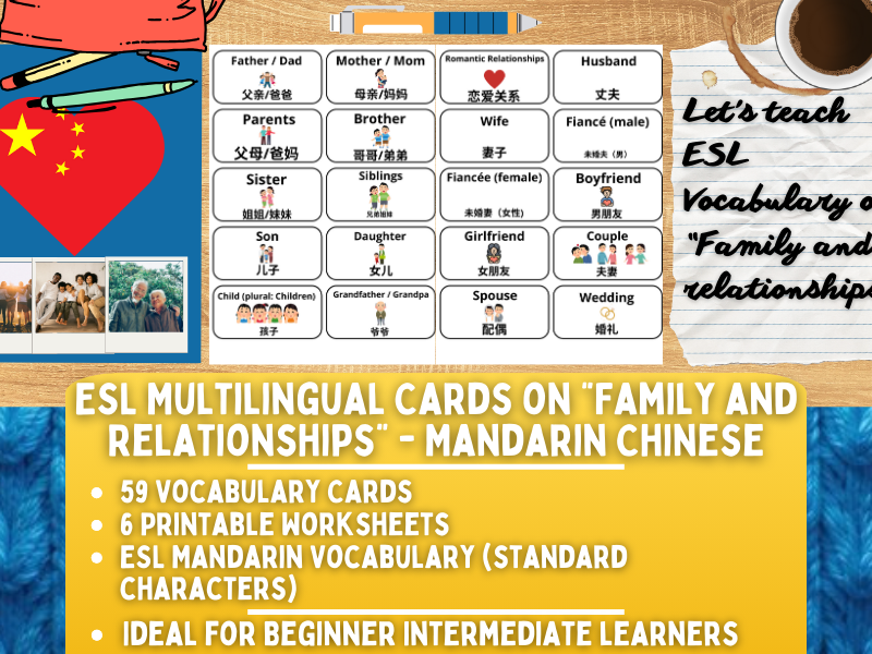 ESL Vocabulary Flashcards - Family and Relationships - Mandarin - Standard