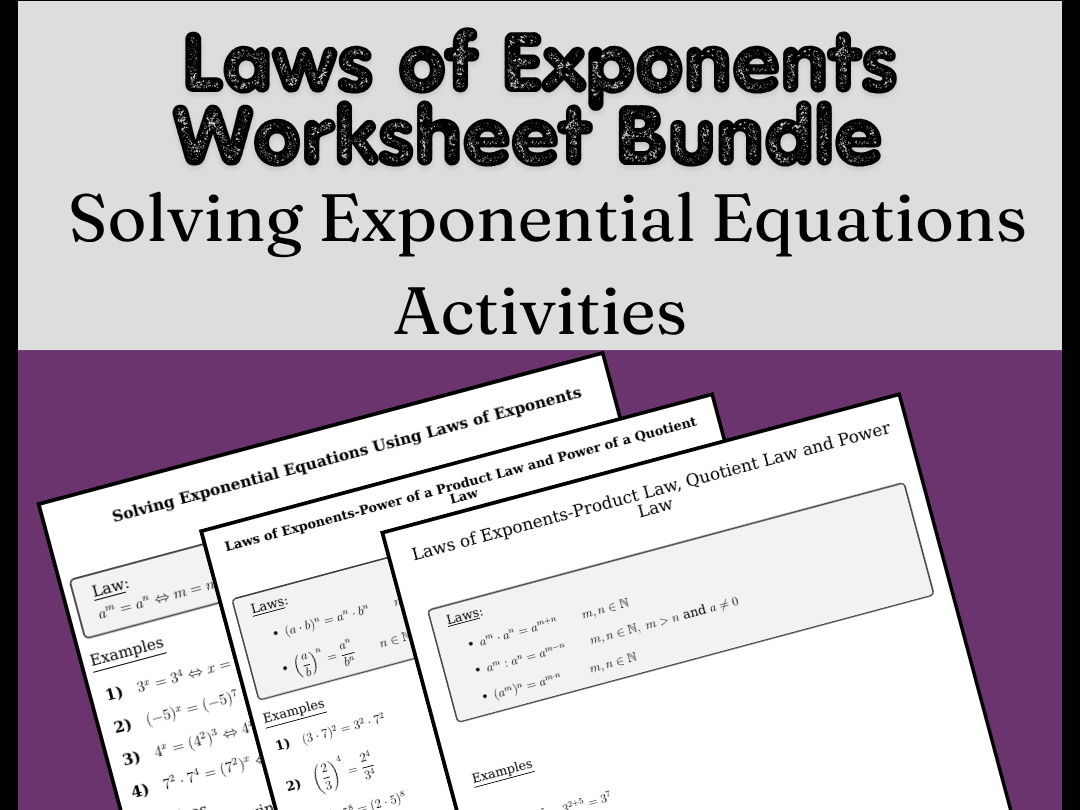 Laws of Exponents Worksheet Bundle | Solving Exponential Equations Activities