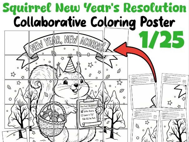 New Year, New Acorns – Squirrel New Year’s Resolution Collaborative Coloring Poster