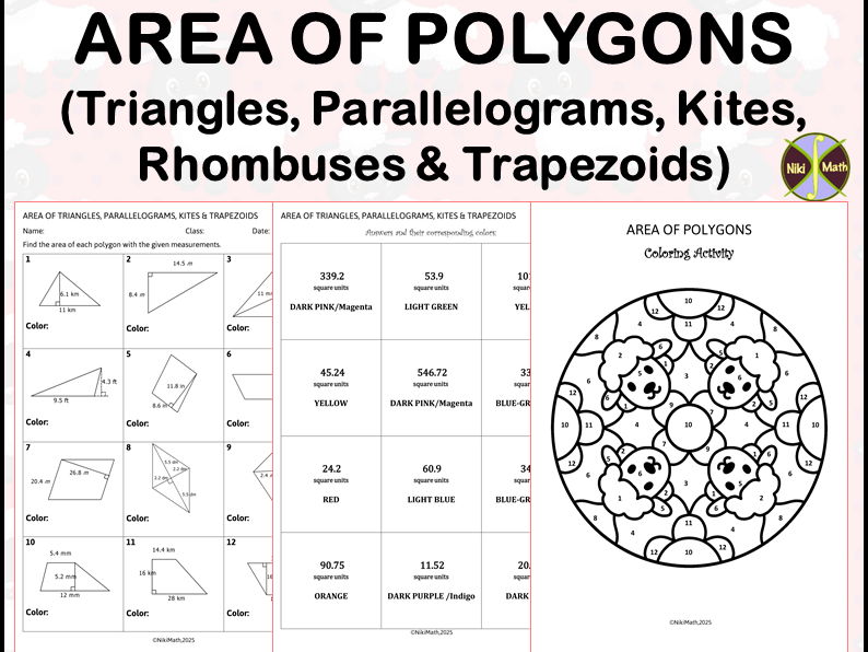 Geometry: Area of Polygons (Triangles, Parallelograms, Trapezoids)-Color by Code