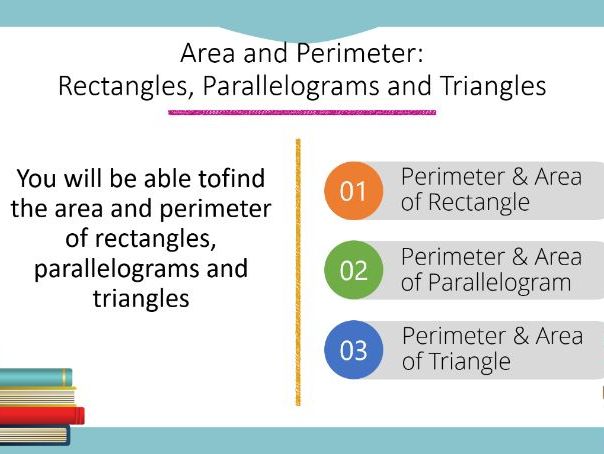 Area and Perimeter: Rectangles, Parallelograms and Triangles Powerpoint (Foundation GCSE)