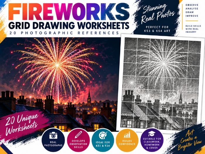 Fireworks Grid Drawing Worksheets | 20 Bonfire Night Art Activities | KS3 & KS4 | Observational Draw