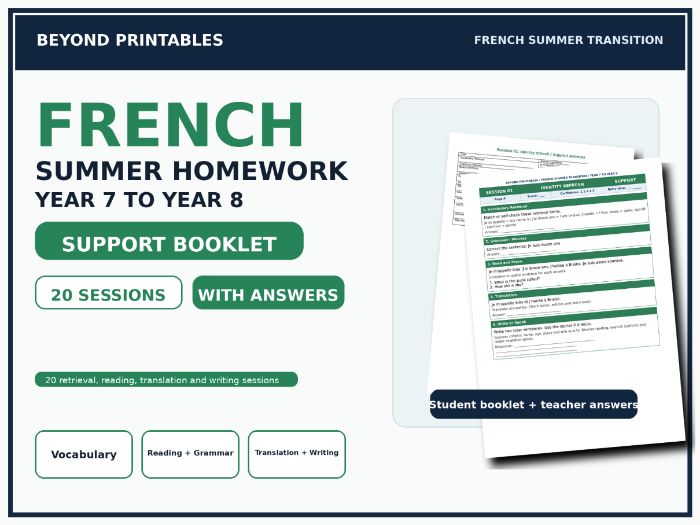 French Summer Homework Booklet Year 7 to Year 8 Support with Answers