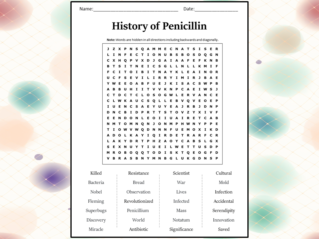 History of Penicillin Word Search Puzzle Worksheet Activity Teaching