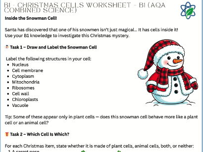 B1/ Christmas Cells Worksheet/GCSE/ KS3/Biology/Combined Science/AQA/