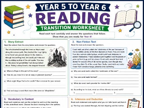 Year 5 to Year 6 Reading Comprehension Worksheet | End of Year Reading Revision | KS2 Transition |