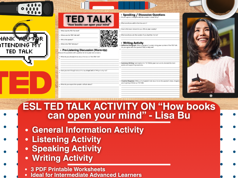ESL TED Talk Activity Worksheets - How books can open your mind - Lisa Bu