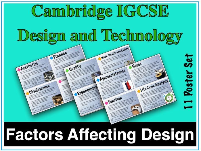 Cambridge IGCSE Design and Technology - Factors Affecting Design Posters - (D&T)