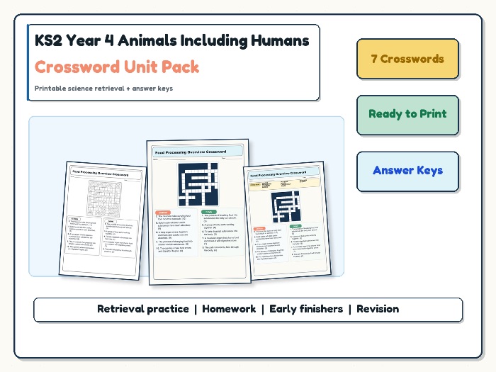 KS2 Year 4 Animals Including Humans Crossword Unit Pack | Vocabulary + Answers