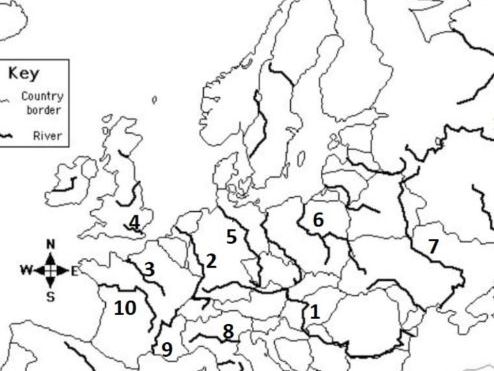 Europe: Rivers  – Labeling Map Activity (With Answers)