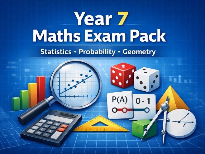 Year 7 Maths Exam Pack – Statistics, Probability & Geometry Assessments with Mark Schemes (KS3)