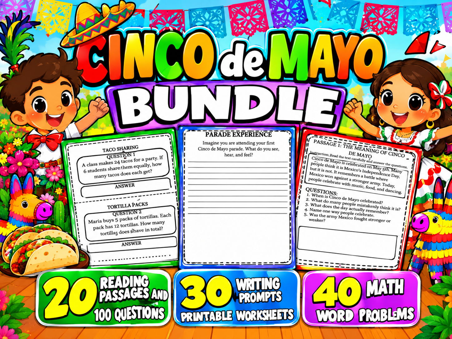 Cinco de Mayo Bundle | Reading Comprehension, Writing Prompts and Math