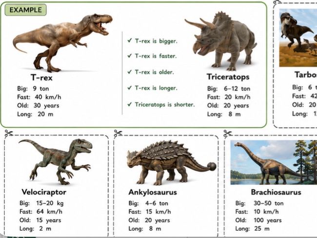 Dinosaur Comparison Challenge | Cut-Out Cards & Comparative Adjectives ESL