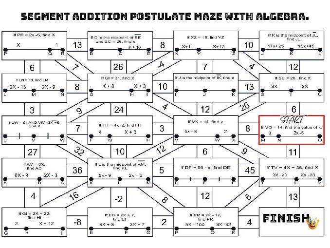Segment addition postulate maze with algebra