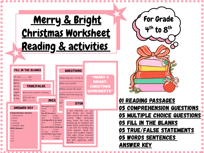 Merry & Bright: Christmas Reading Comprehension & Activity Worksheet Pack with answer key