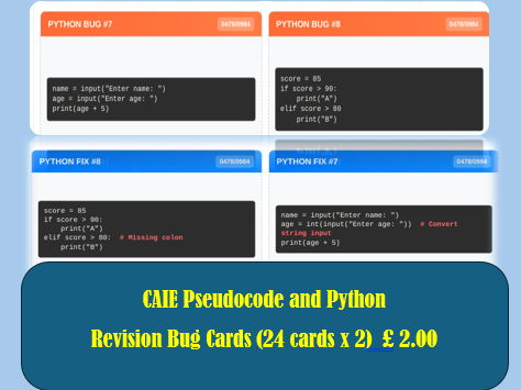 Python & Pseudocode Bug Cards – IGCSE Computer Science Revision Activity (24 x 2 cards)