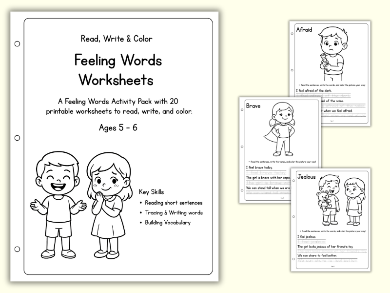 Feeling Words Worksheets – Read, Write & Color (Ages 5–6)