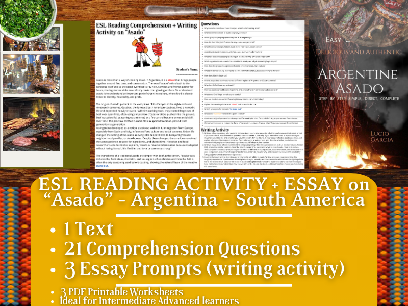 ESL Reading Comprehension + Writing Activity - Asado - Argentina - South America