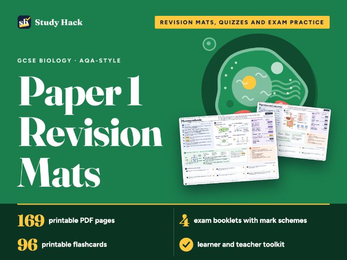 GCSE Biology Paper 1 Revision Bundle: AQA-style mats, quizzes, exam booklets, flashcards