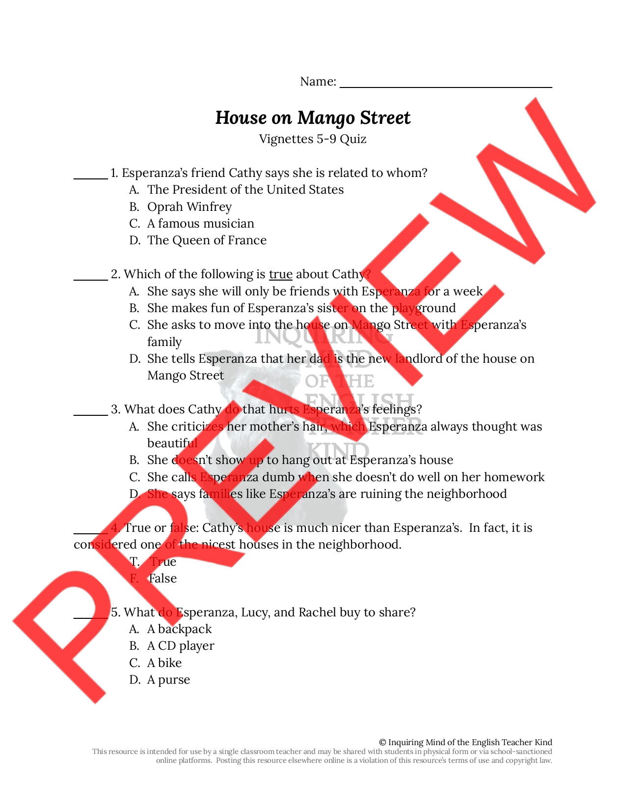 House on Mango Street Quiz on Vignettes 5-9 | Teaching Resources