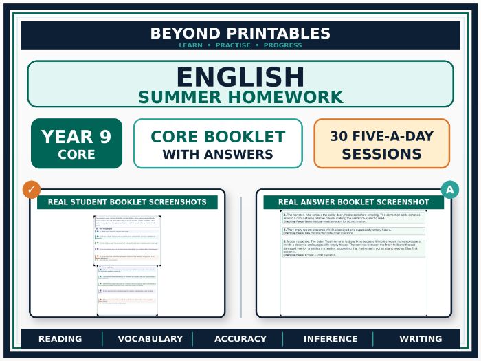 English Summer Homework Booklet Year 9 – Core | 30 Five-a-Day Sessions with Answers