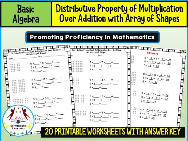 Distributive Property of Multiplication over Addition Puzzle Worksheets with Arrays of Shapes Math