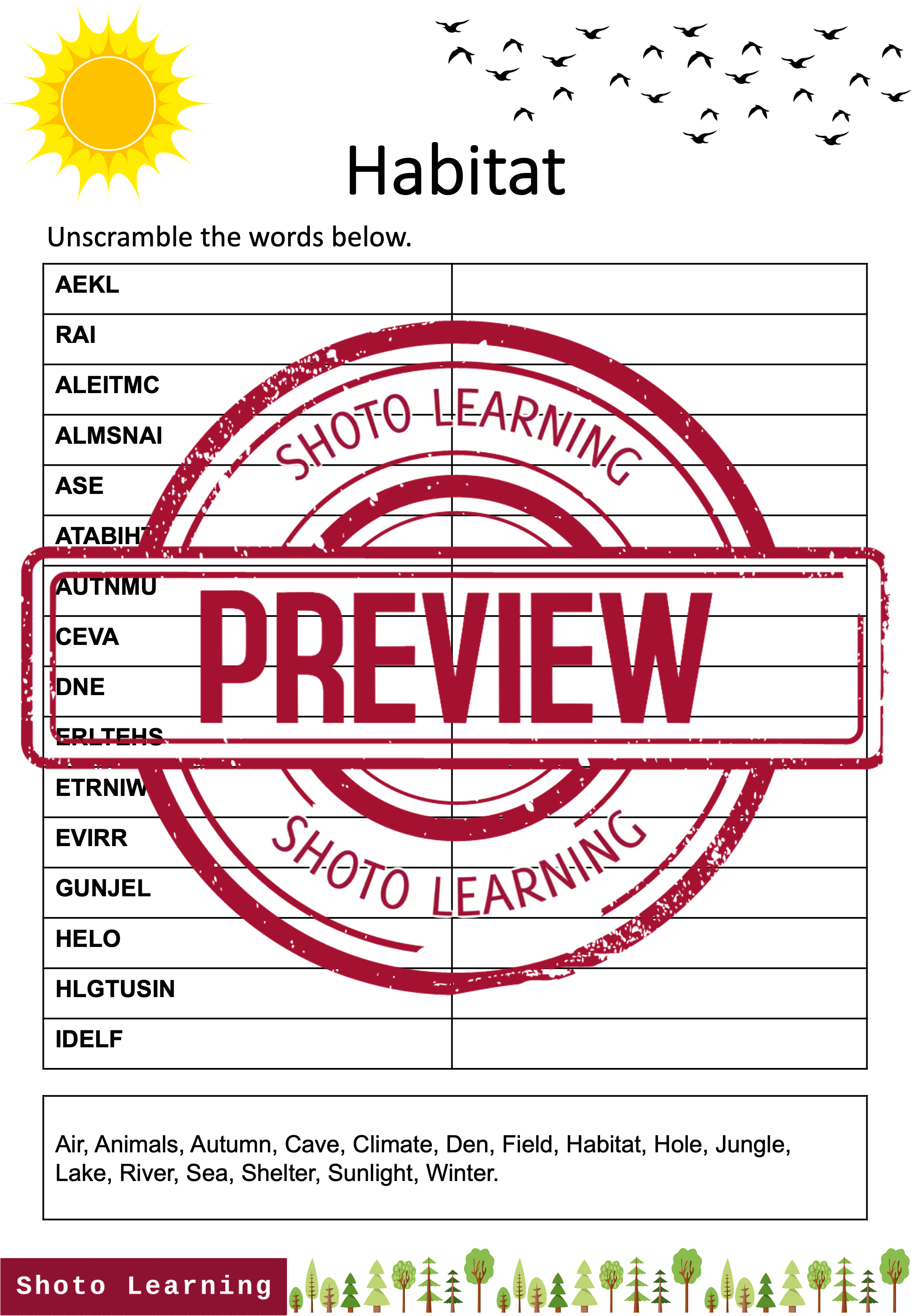 HABITAT SCIENCE ACTIVITY SCRAMBLE WORDS UNSCRAMBLE VOCABULARY