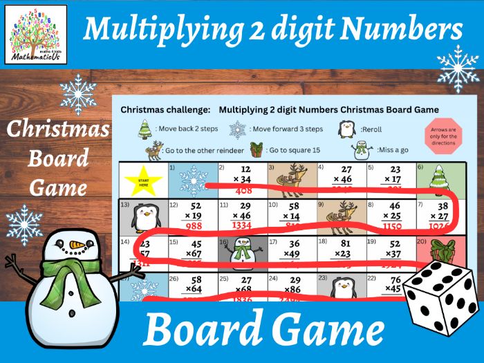 Multiplying 2 digit Numbers Christmas Board Dice Game