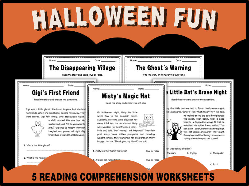 FREE Halloween Reading Comprehension Worksheets | 5 Short Stories & Activities