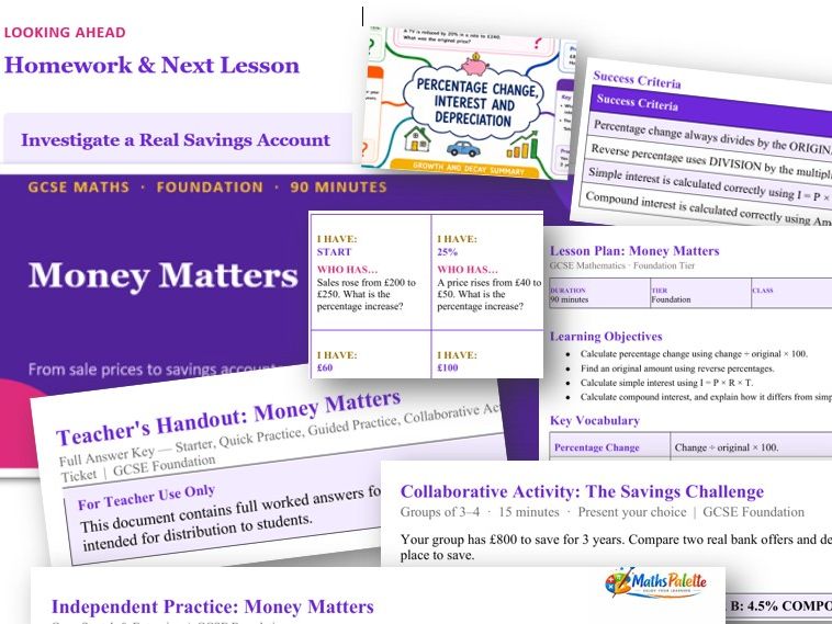 Money Matters- Reverse percentages, Simple and Compound Interest