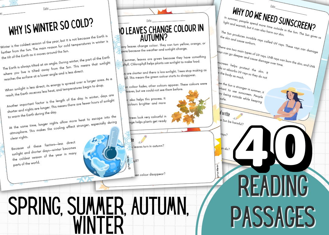 Seasons Reading Comprehension Bundle (4 Seasons) | Nonfiction ESL KS2 Science