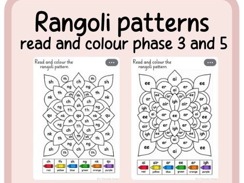 Rangoli patterns- Read and colour phonics- Phase 3 and 5