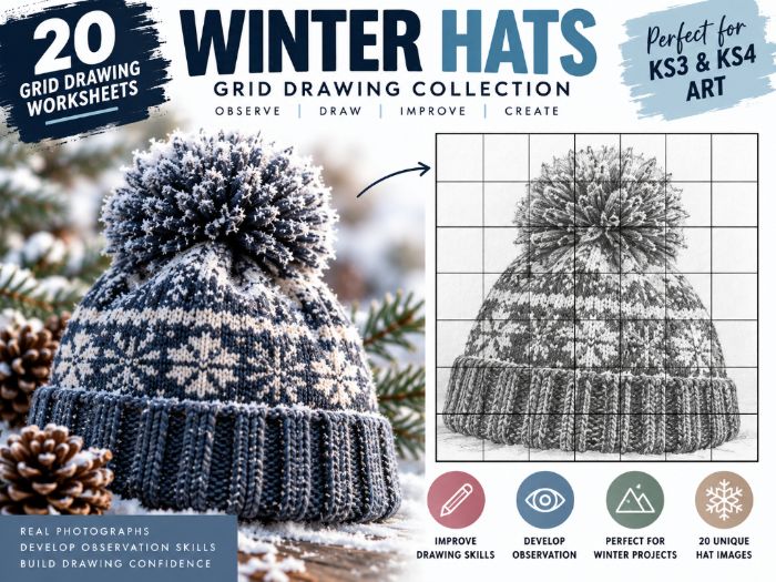 Winter Hats Grid Drawing Worksheets | 20 Winter Art Activities | KS3 & KS4