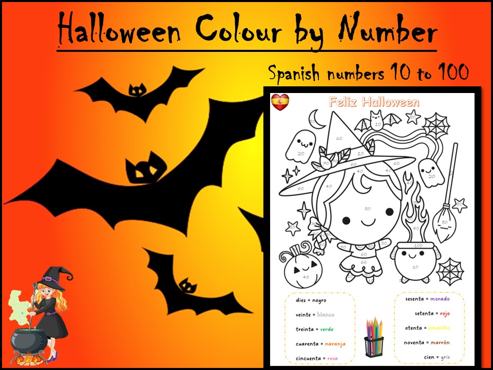 Feliz Halloween | Halloween colour by number | Spanish numbers 10 to 100